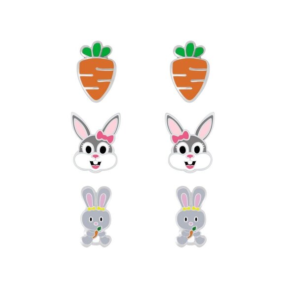 Silver Carrot and Rabbit Stud Earrings Set - Picture 1 of 1